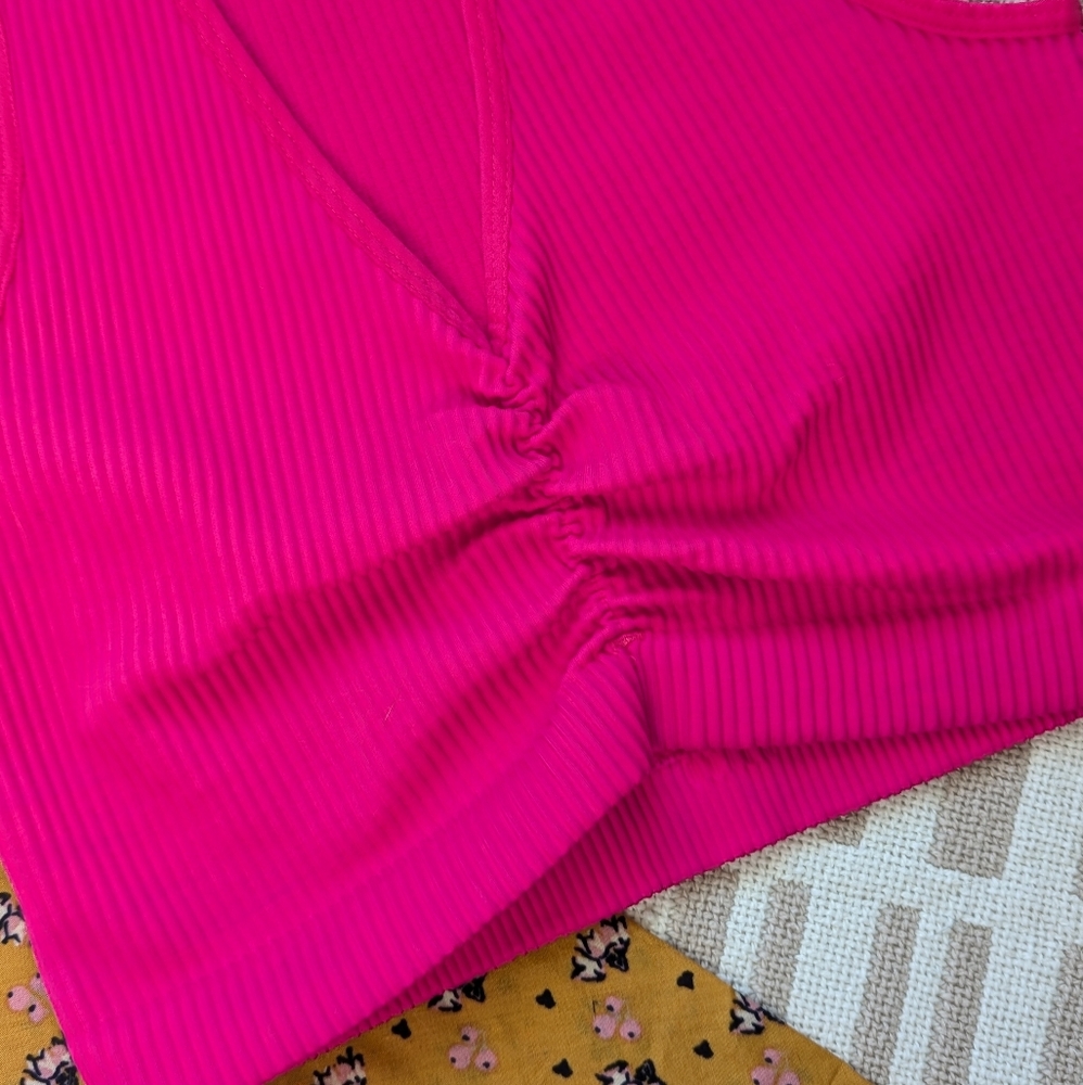 aerie | Ribbed Plunge Ruched Top | Hot Pink - Picture 4 of 5